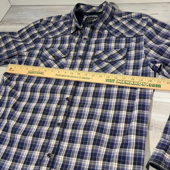 Guess Men Size L Blue White Black Plaid Western Shirt Pearl Snap Buttons No. 81 - Picture 7 of 10